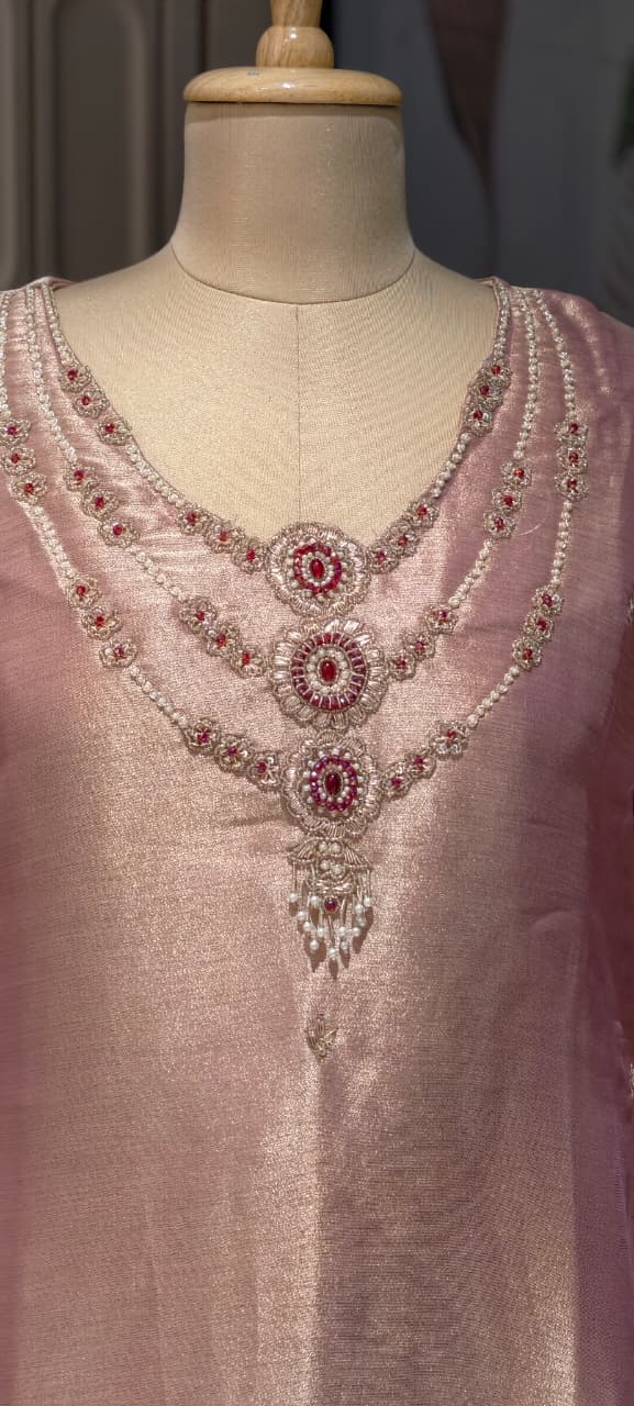 Elegant Classic Shiny Jewel Look Hand-Embellished Neckline Tissue A-Line Full Suit Set With Dupatta- 14935