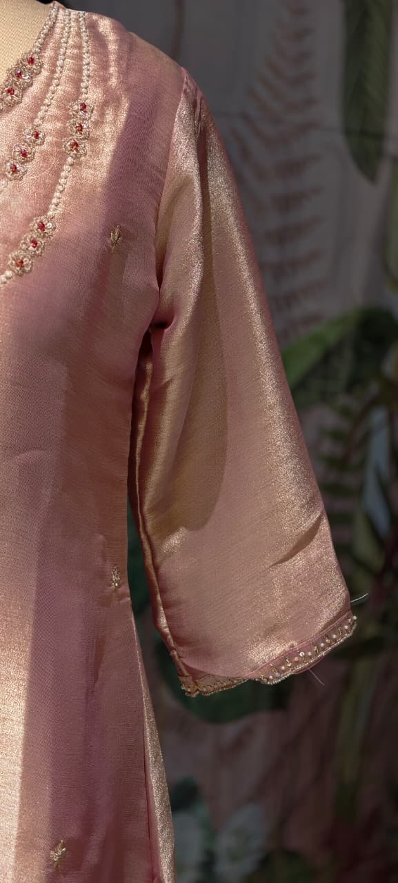 Elegant Classic Shiny Jewel Look Hand-Embellished Neckline Tissue A-Line Full Suit Set With Dupatta- 14935
