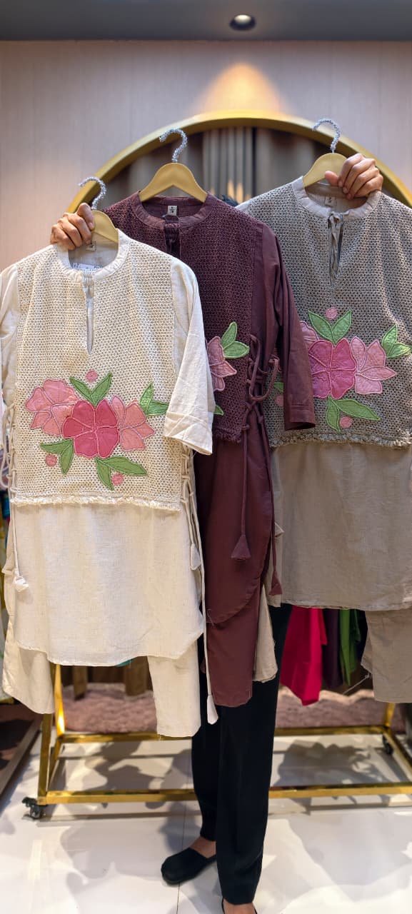 Floral Applique Co-ords Set with Jute Cotton Textured Overlay- 14962