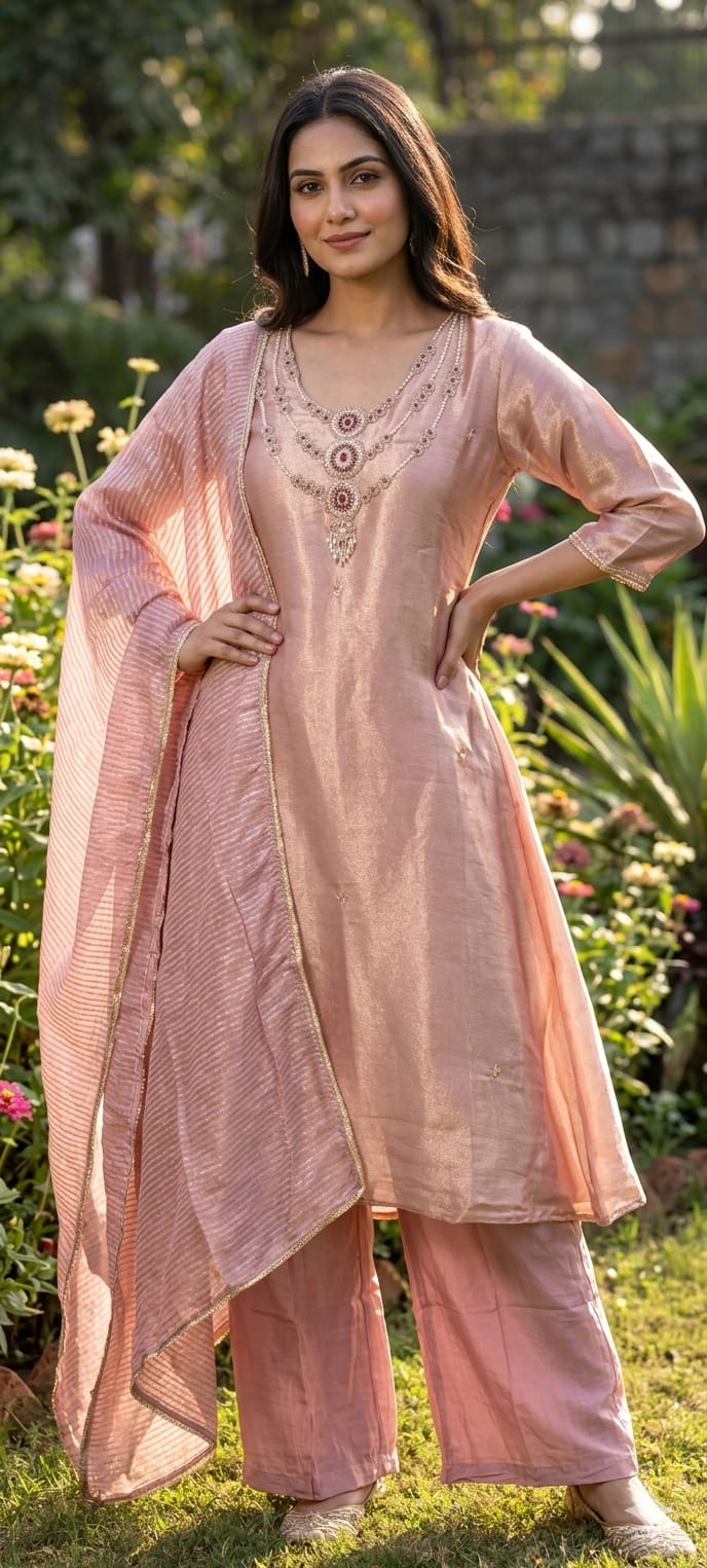 Elegant Classic Shiny Jewel Look Hand-Embellished Neckline Tissue A-Line Full Suit Set With Dupatta- 14935