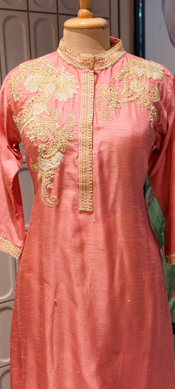 Royal Zardosi Work Over Shoulder & Bottom Fancy Dola Silk Kurta Pant Set- 14946