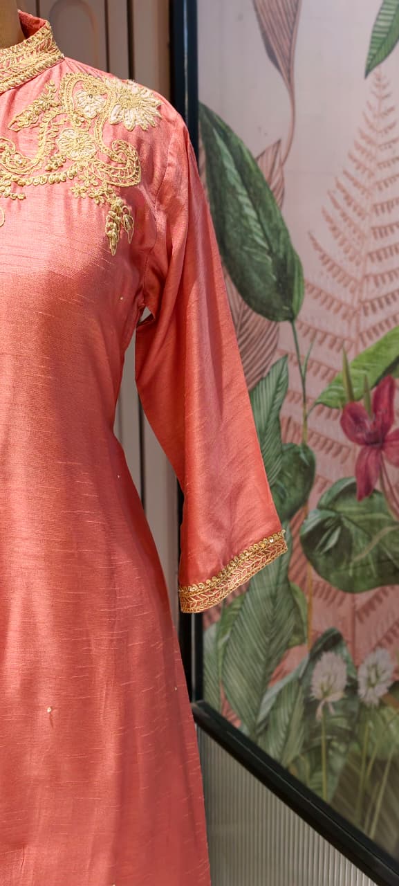 Royal Zardosi Work Over Shoulder & Bottom Fancy Dola Silk Kurta Pant Set- 14946