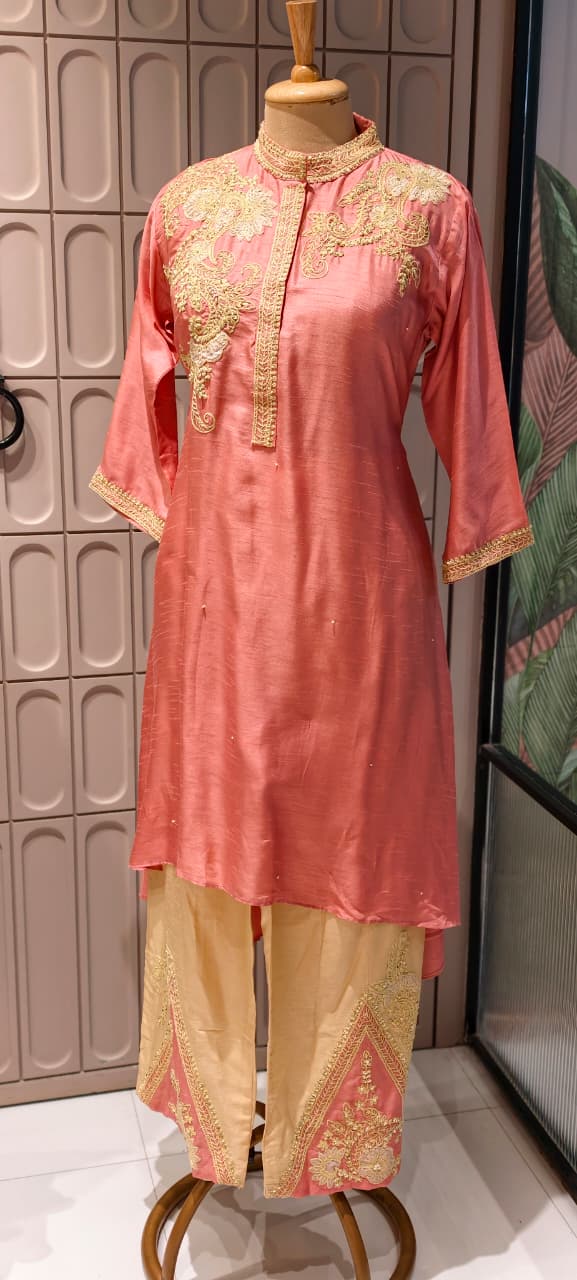 Royal Zardosi Work Over Shoulder & Bottom Fancy Dola Silk Kurta Pant Set- 14946