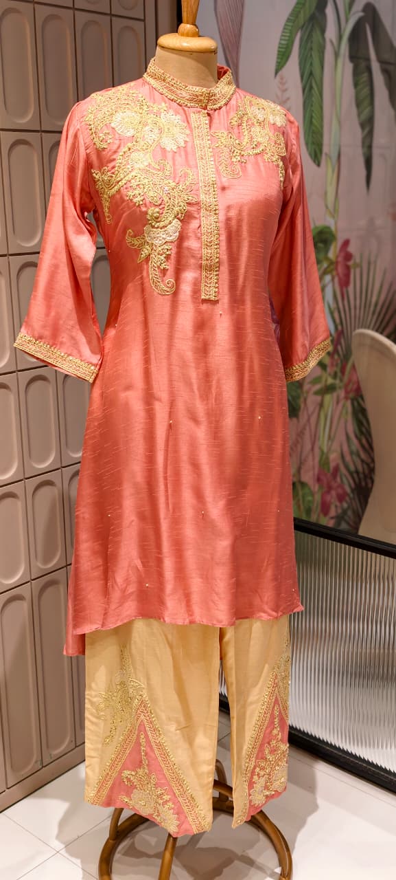 Royal Zardosi Work Over Shoulder & Bottom Fancy Dola Silk Kurta Pant Set- 14946