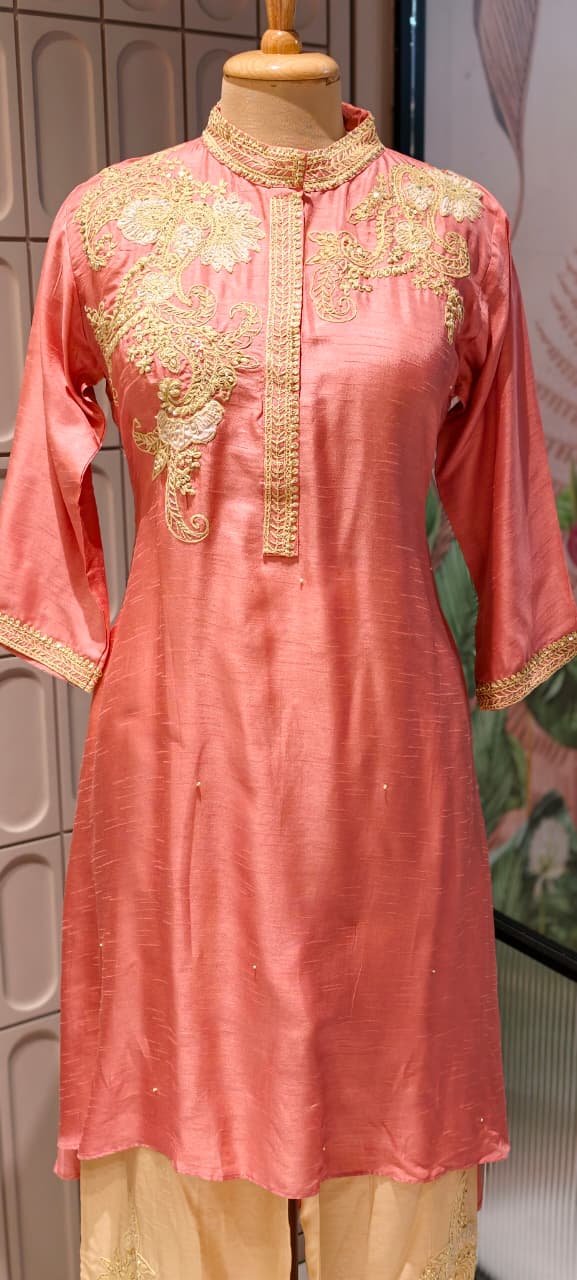 Royal Zardosi Work Over Shoulder & Bottom Fancy Dola Silk Kurta Pant Set- 14946