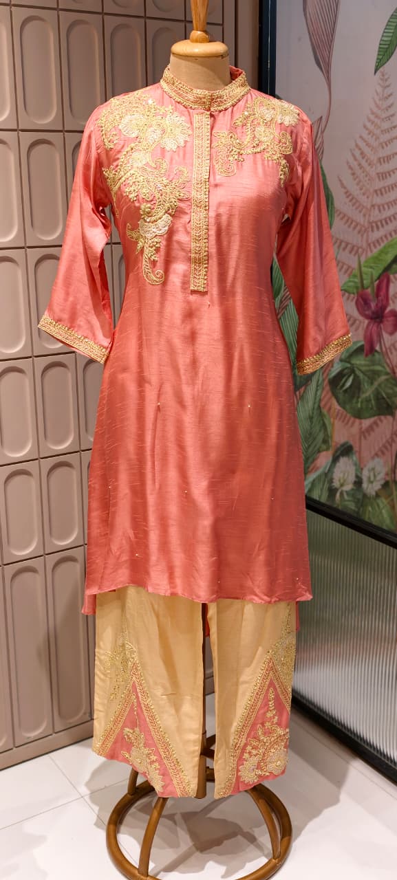 Royal Zardosi Work Over Shoulder & Bottom Fancy Dola Silk Kurta Pant Set- 14946