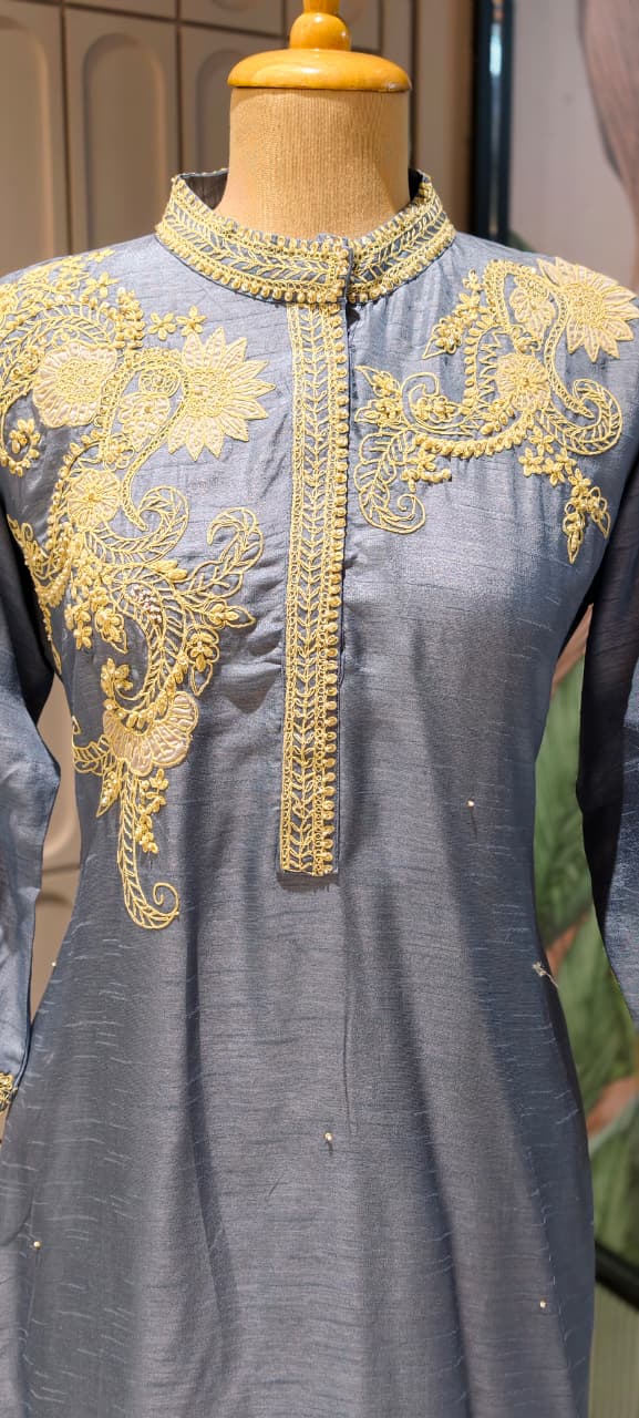 Royal Zardosi Work Over Shoulder & Bottom Fancy Dola Silk Kurta Pant Set- 14946