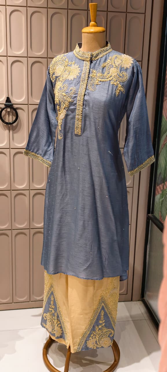 Royal Zardosi Work Over Shoulder & Bottom Fancy Dola Silk Kurta Pant Set- 14946
