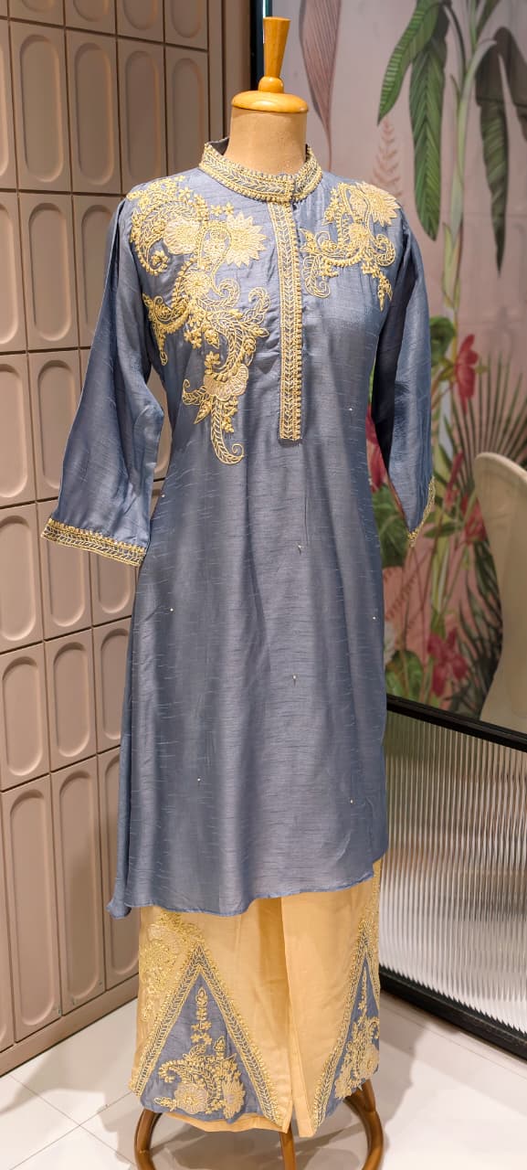 Royal Zardosi Work Over Shoulder & Bottom Fancy Dola Silk Kurta Pant Set- 14946