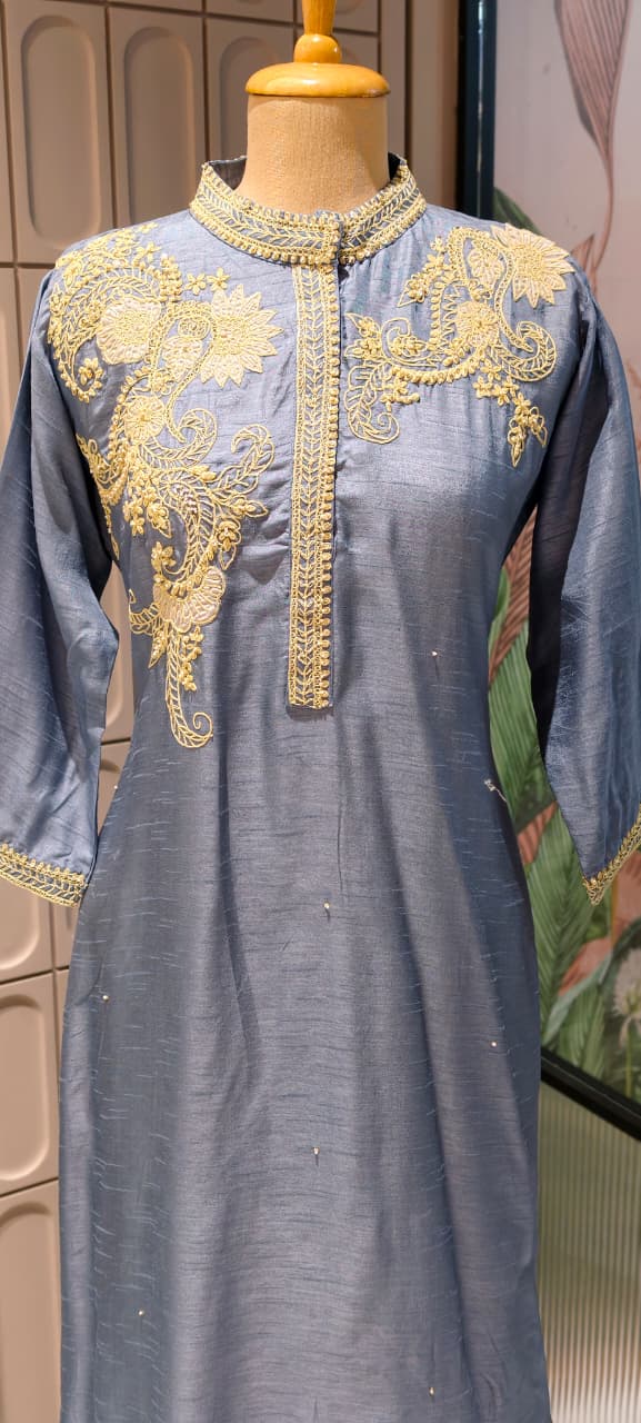 Royal Zardosi Work Over Shoulder & Bottom Fancy Dola Silk Kurta Pant Set- 14946