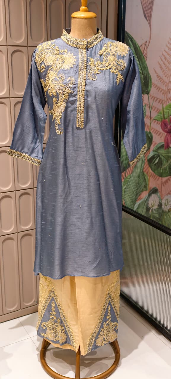 Royal Zardosi Work Over Shoulder & Bottom Fancy Dola Silk Kurta Pant Set- 14946