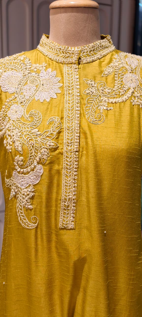Royal Zardosi Work Over Shoulder & Bottom Fancy Dola Silk Kurta Pant Set- 14946