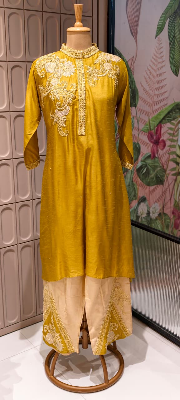Royal Zardosi Work Over Shoulder & Bottom Fancy Dola Silk Kurta Pant Set- 14946