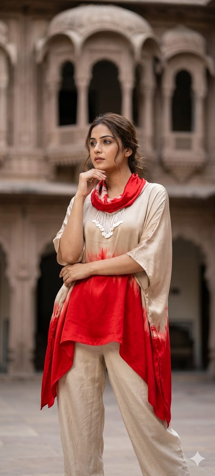 Dip-Dye Ombré Cowl Tunic with Wide-Leg Trousers Indo Wear- 14949