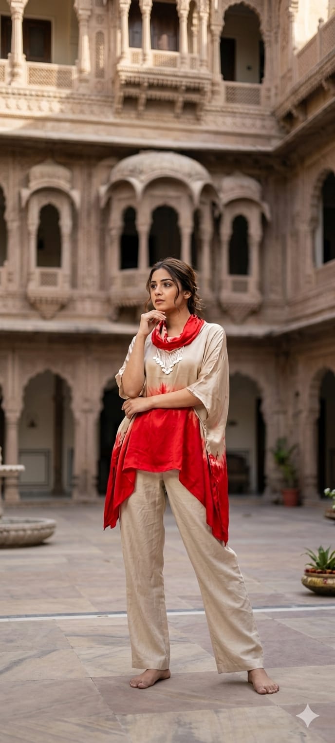 Dip-Dye Ombré Cowl Tunic with Wide-Leg Trousers Indo Wear- 14949
