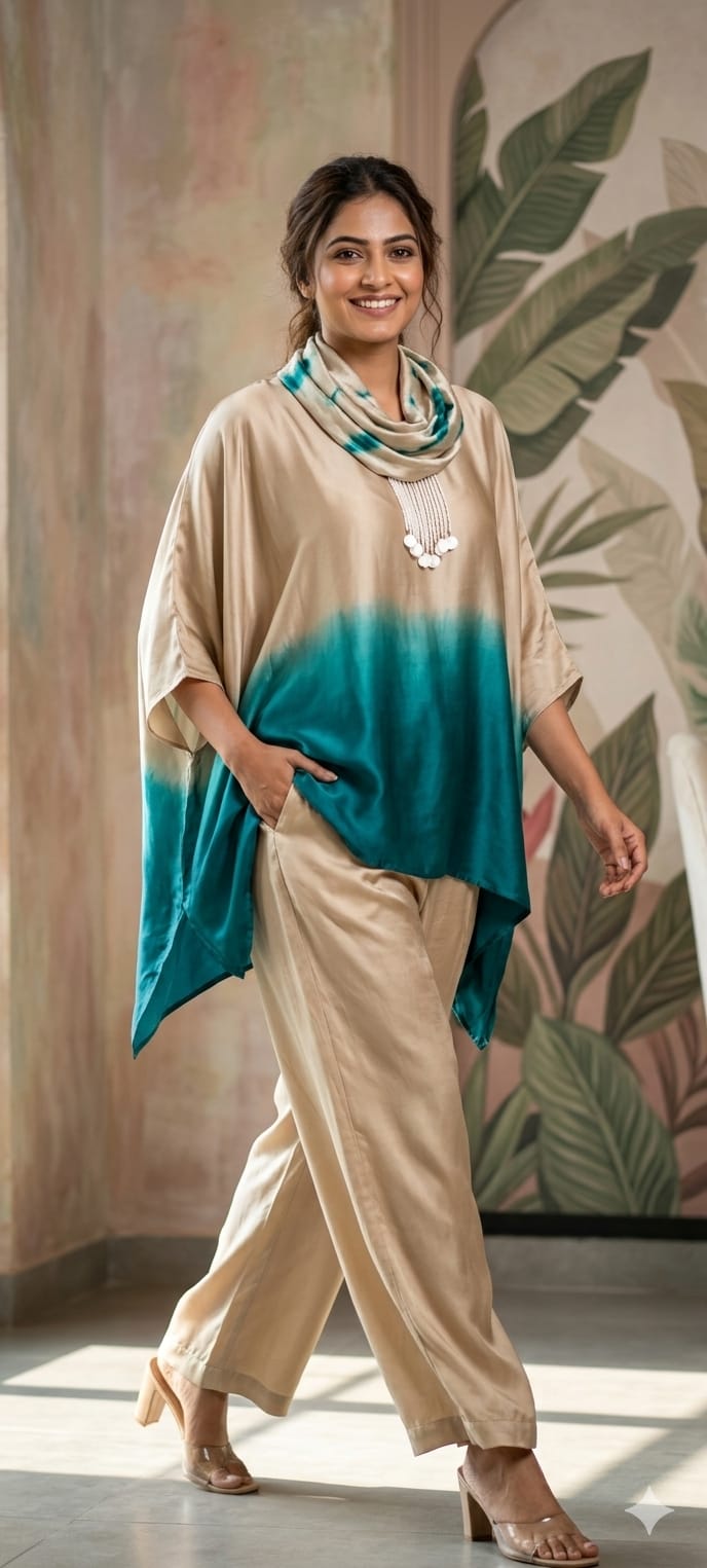 Dip-Dye Ombré Cowl Tunic with Wide-Leg Trousers Indo Wear- 14949