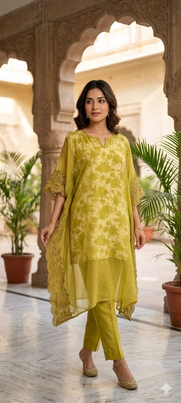 Fancy Floral Inner With Bottom & Organza Overlay Kaftan- 14954