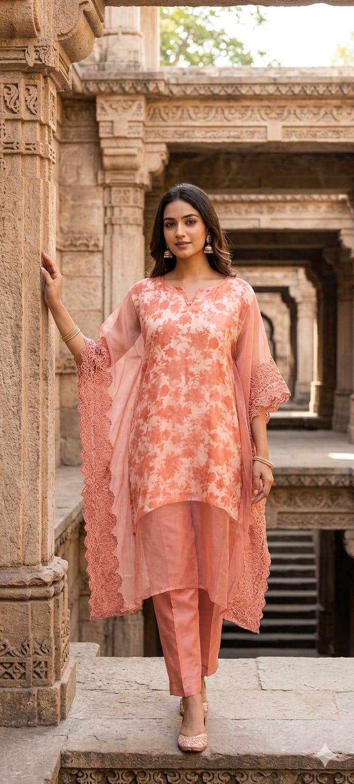 Fancy Floral Inner With Bottom & Organza Overlay Kaftan- 14954