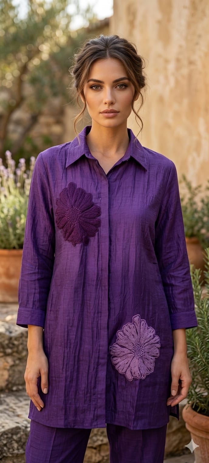 Statement Floral Applique Collared Button-Down Ombre Mul Chanderi Co-Ord Set- 15127