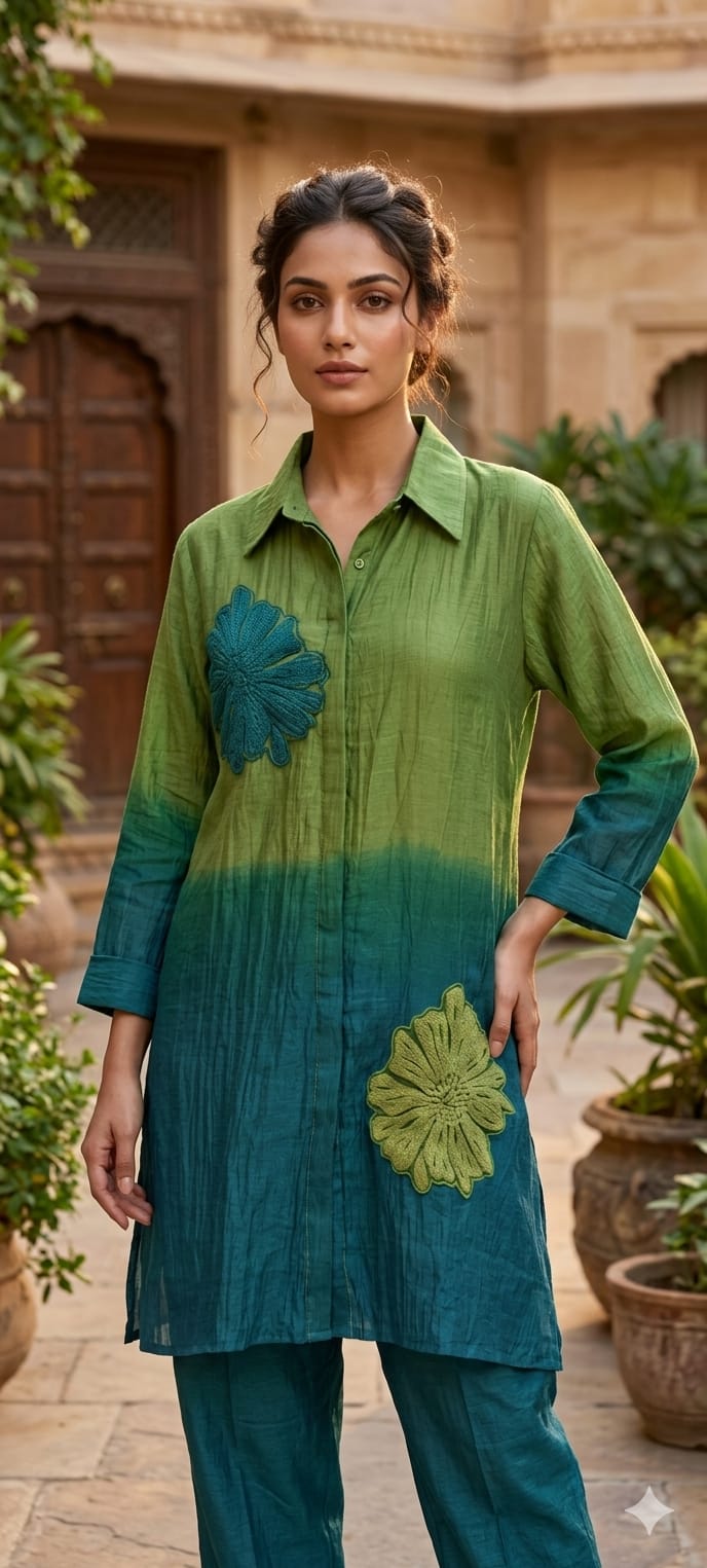 Statement Floral Applique Collared Button-Down Ombre Mul Chanderi Co-Ord Set- 15127