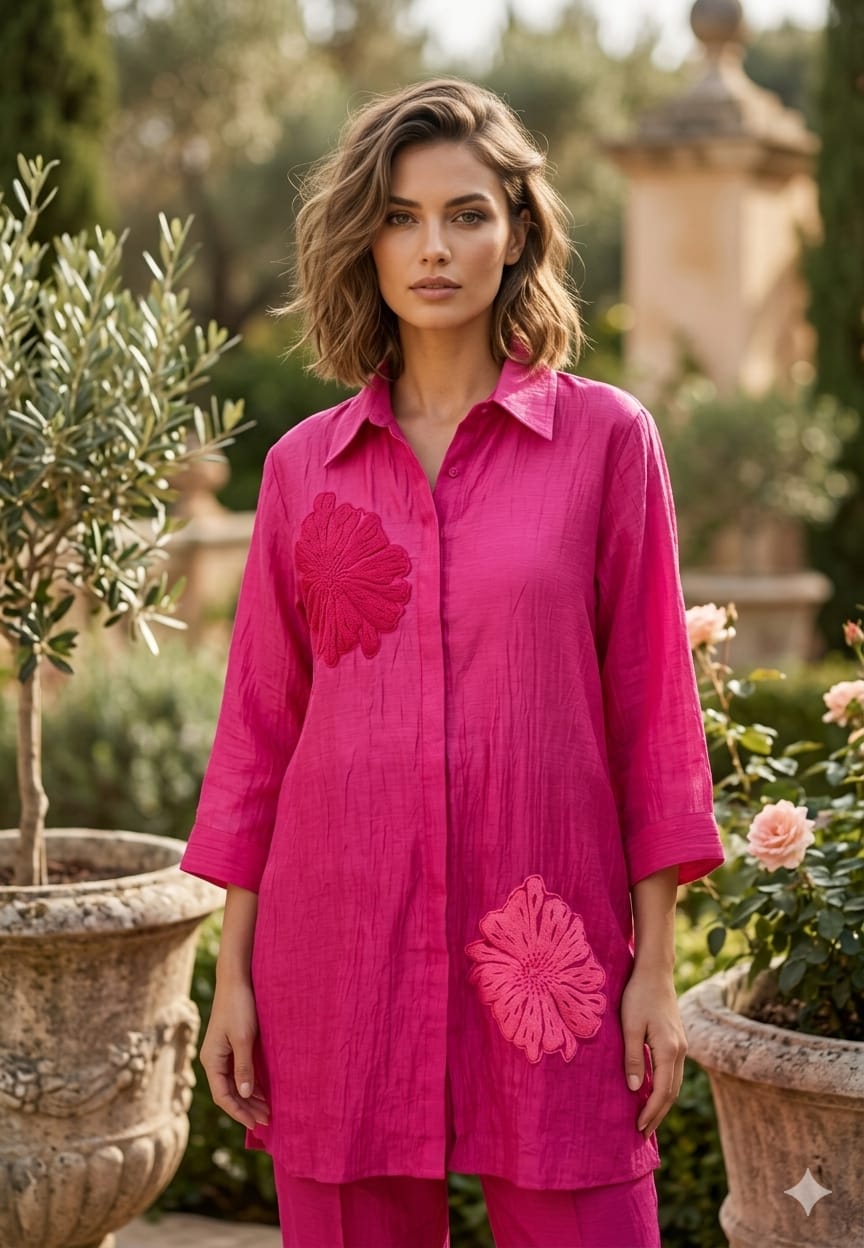 Statement Floral Applique Collared Button-Down Ombre Mul Chanderi Co-Ord Set- 15127