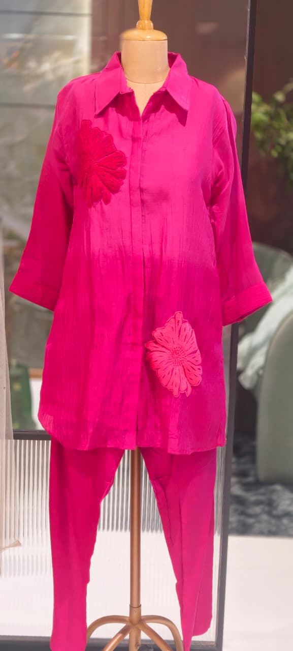 Statement Floral Applique Collared Button-Down Ombre Mul Chanderi Co-Ord Set- 15127