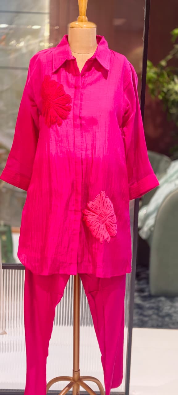 Statement Floral Applique Collared Button-Down Ombre Mul Chanderi Co-Ord Set- 15127
