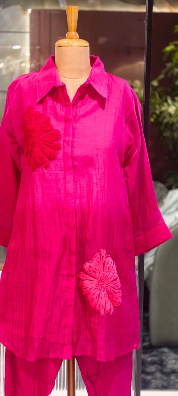 Statement Floral Applique Collared Button-Down Ombre Mul Chanderi Co-Ord Set- 15127