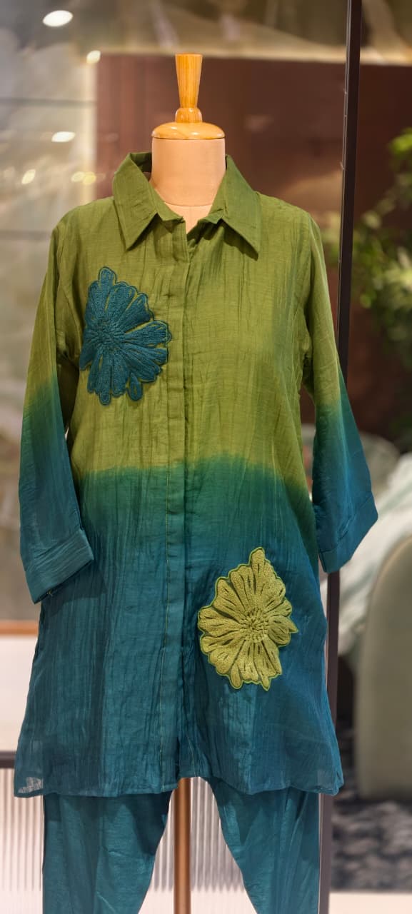 Statement Floral Applique Collared Button-Down Ombre Mul Chanderi Co-Ord Set- 15127