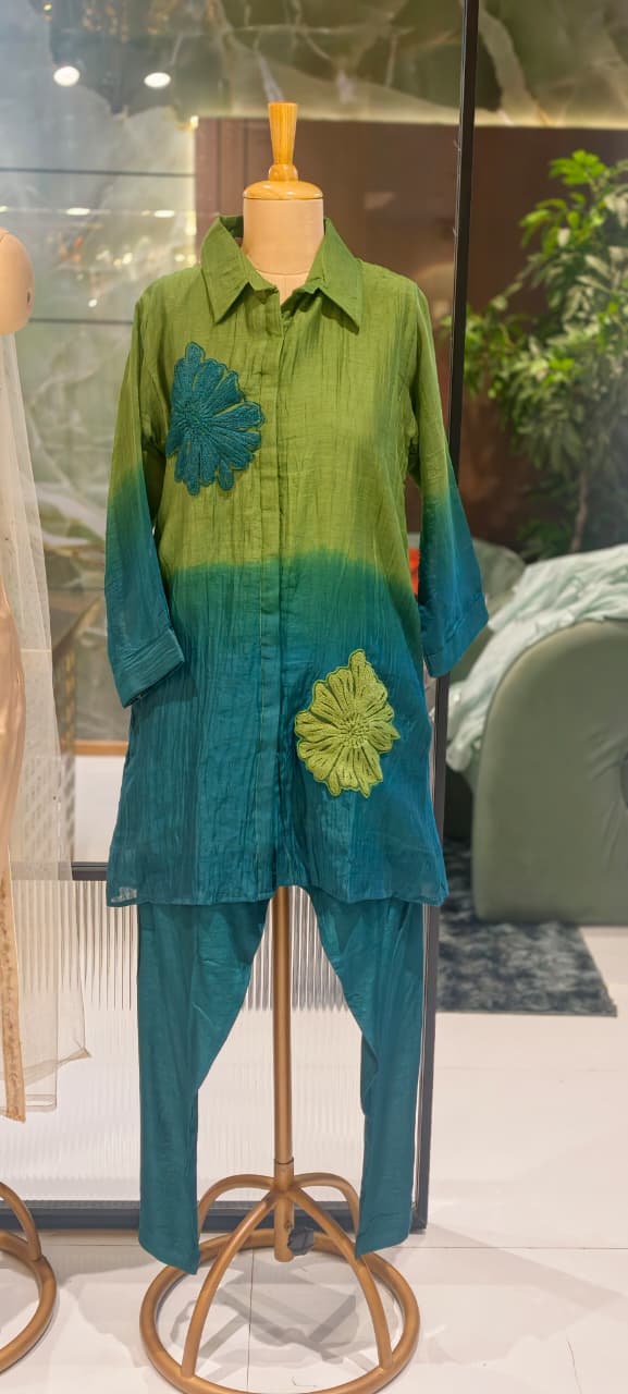 Statement Floral Applique Collared Button-Down Ombre Mul Chanderi Co-Ord Set- 15127