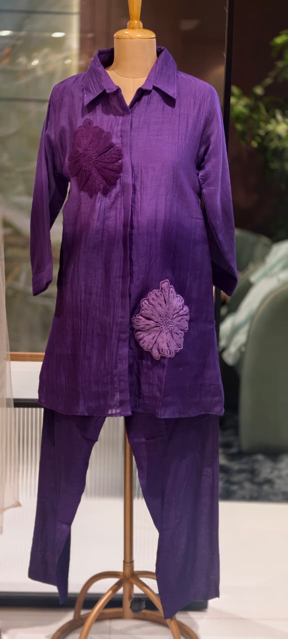 Statement Floral Applique Collared Button-Down Ombre Mul Chanderi Co-Ord Set- 15127
