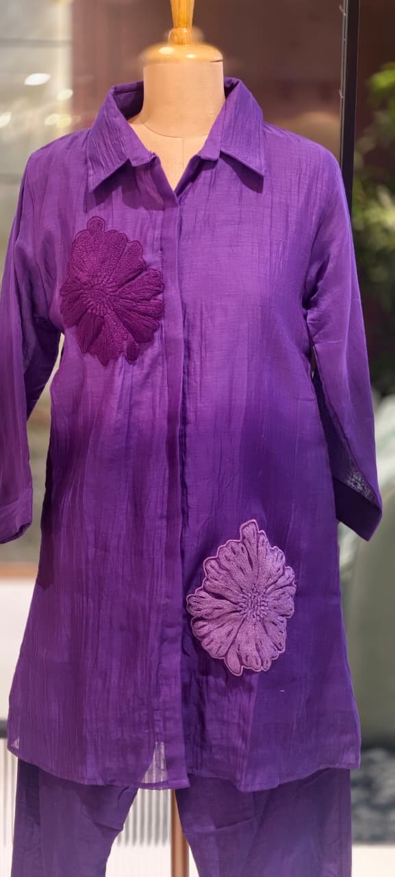 Statement Floral Applique Collared Button-Down Ombre Mul Chanderi Co-Ord Set- 15127