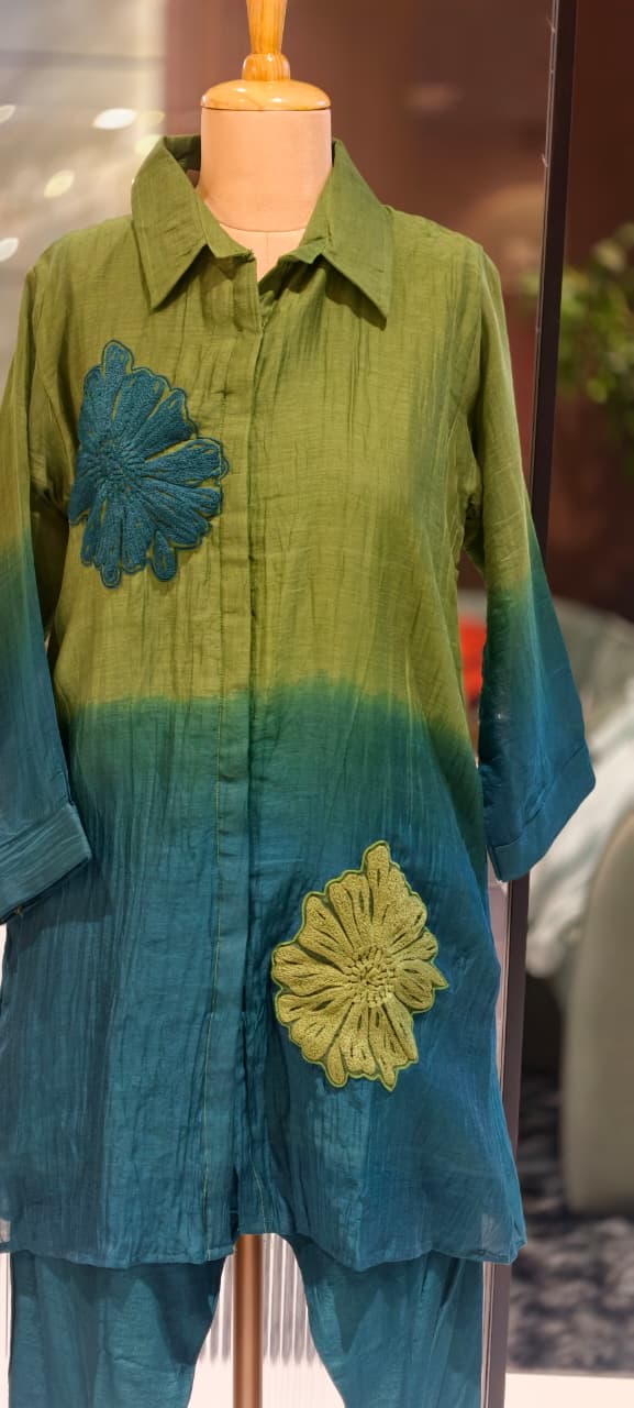 Statement Floral Applique Collared Button-Down Ombre Mul Chanderi Co-Ord Set- 15127