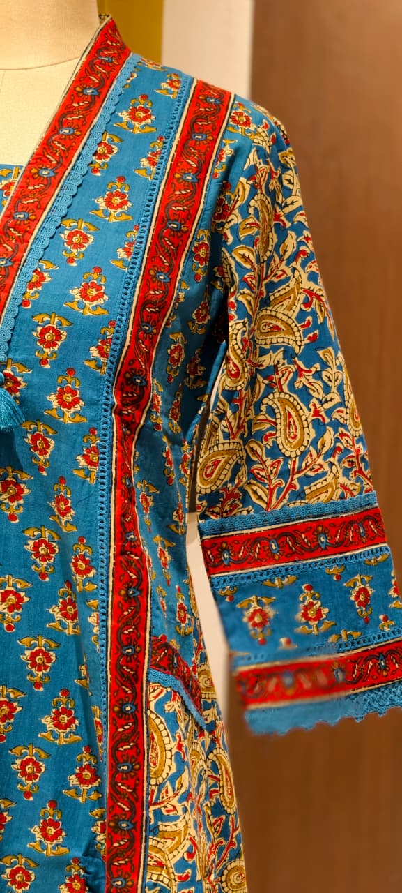 Royal Classic Mughal Floral Block Printed A-Line Cotton Full Suit Set With Dupatta