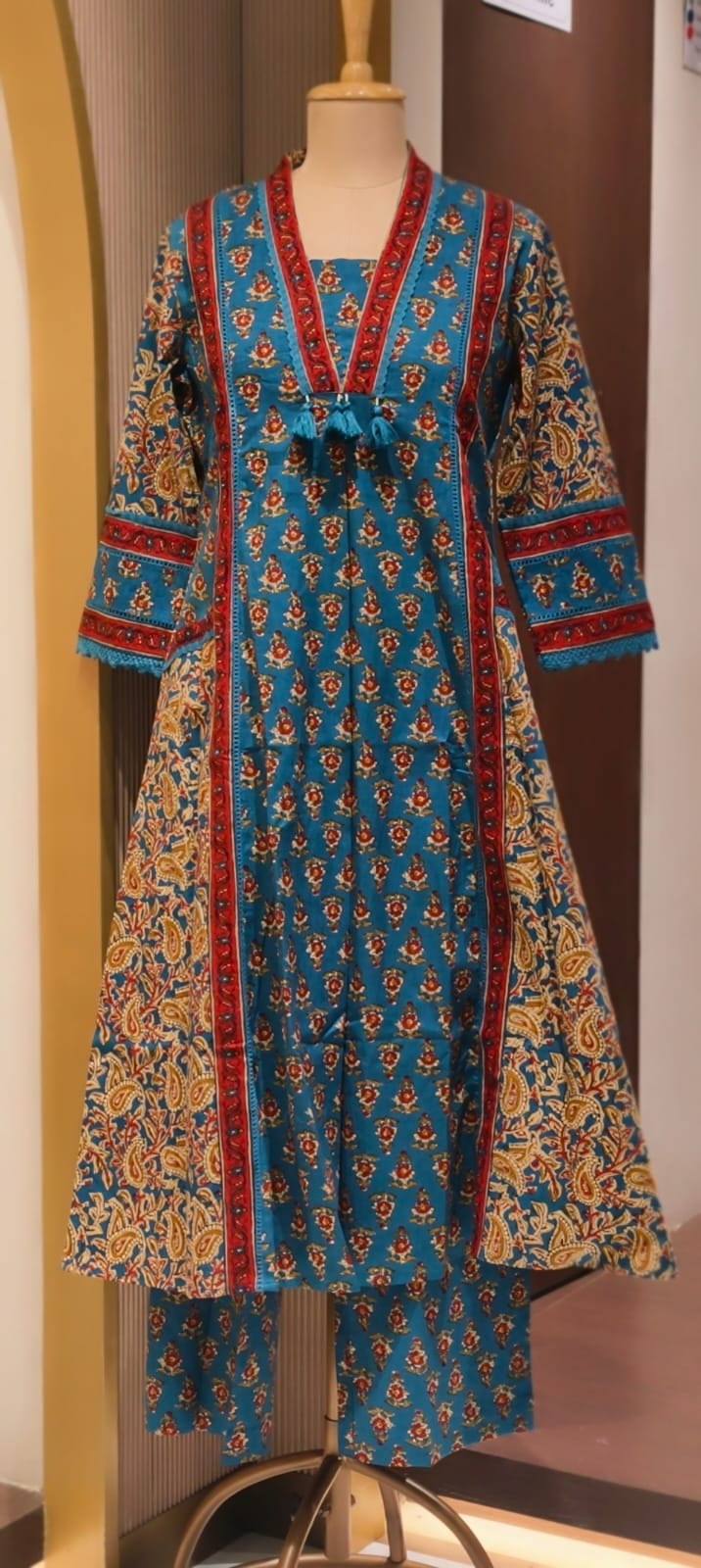 Royal Classic Mughal Floral Block Printed A-Line Cotton Full Suit Set With Dupatta