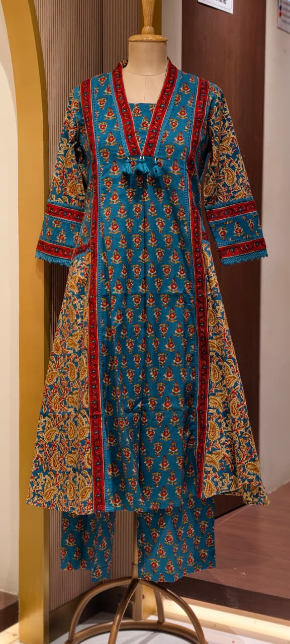 Royal Classic Mughal Floral Block Printed A-Line Cotton Full Suit Set With Dupatta