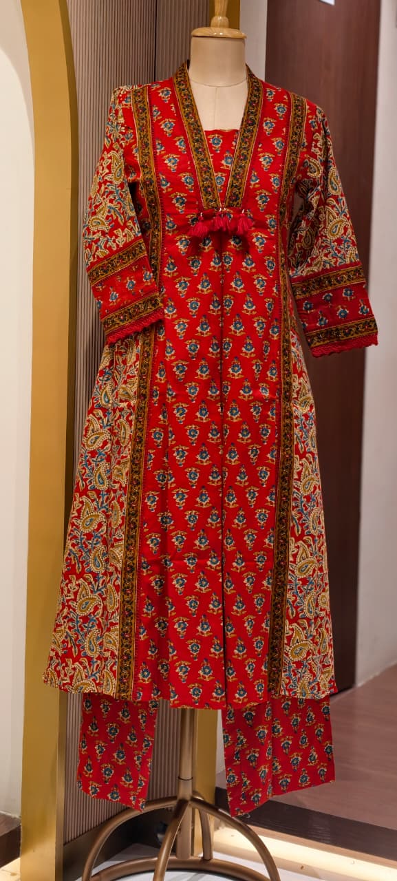 Royal Classic Mughal Floral Block Printed A-Line Cotton Full Suit Set With Dupatta
