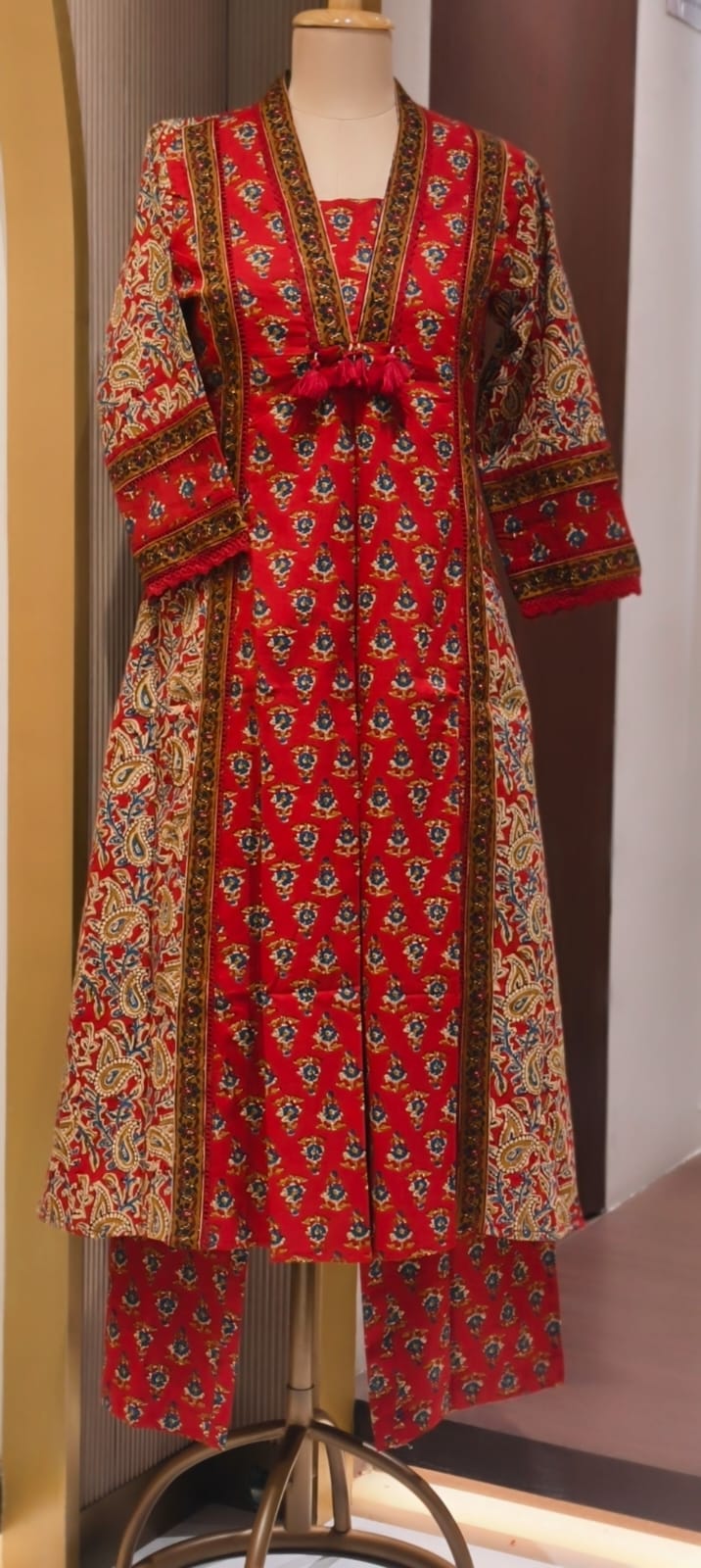 Royal Classic Mughal Floral Block Printed A-Line Cotton Full Suit Set With Dupatta