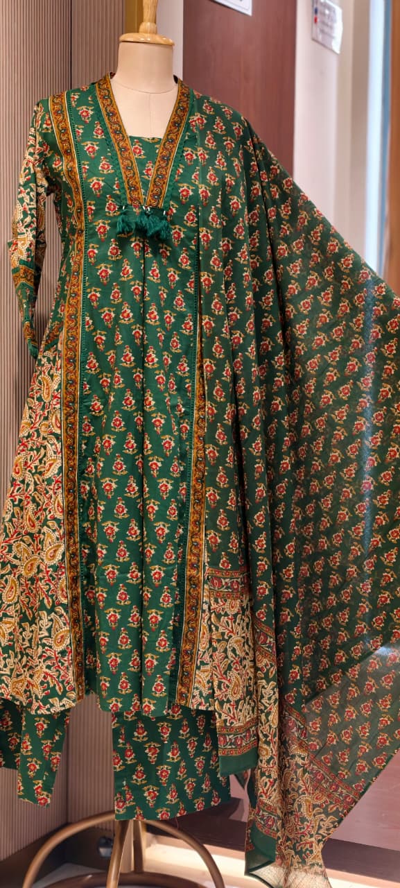 Royal Classic Mughal Floral Block Printed A-Line Cotton Full Suit Set With Dupatta