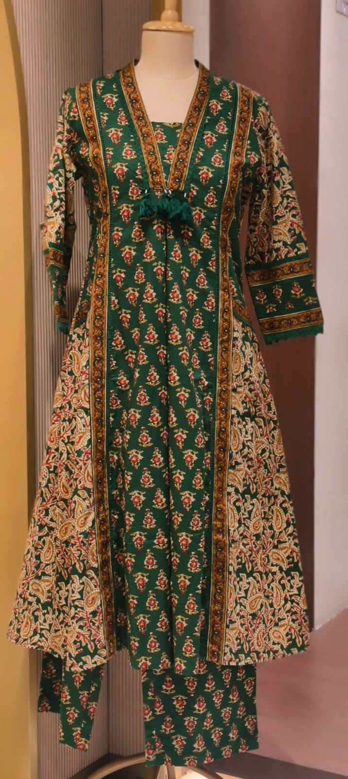 Royal Classic Mughal Floral Block Printed A-Line Cotton Full Suit Set With Dupatta