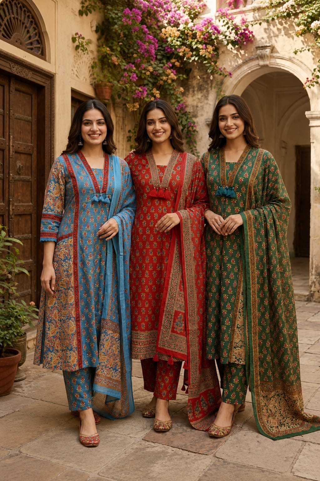 Royal Classic Mughal Floral Block Printed A-Line Cotton Full Suit Set With Dupatta