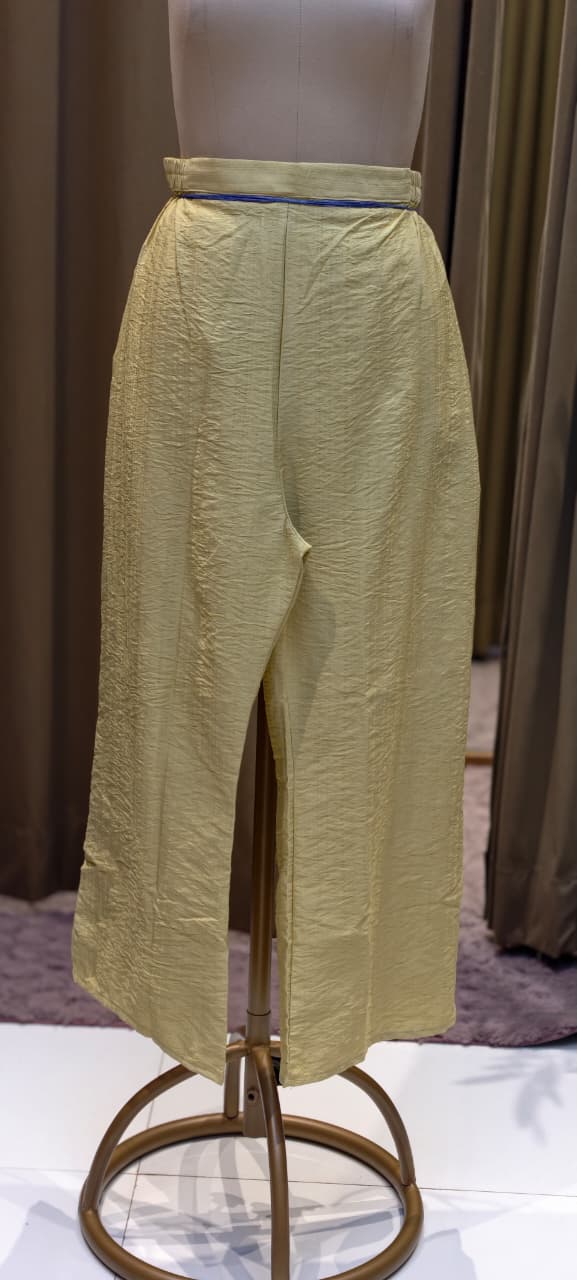 Pastel Yellow Crinkled Indo-Western Co-ord Set with Pastel Leaf Macramé Netted Overlay- 15247
