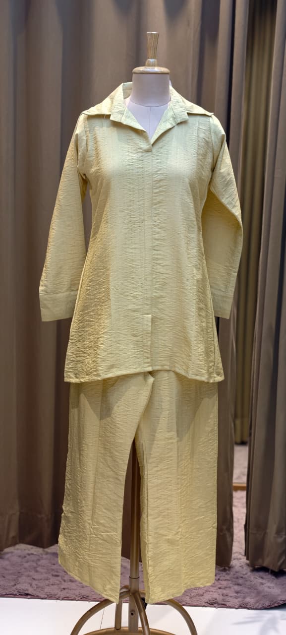 Pastel Yellow Crinkled Indo-Western Co-ord Set with Pastel Leaf Macramé Netted Overlay- 15247