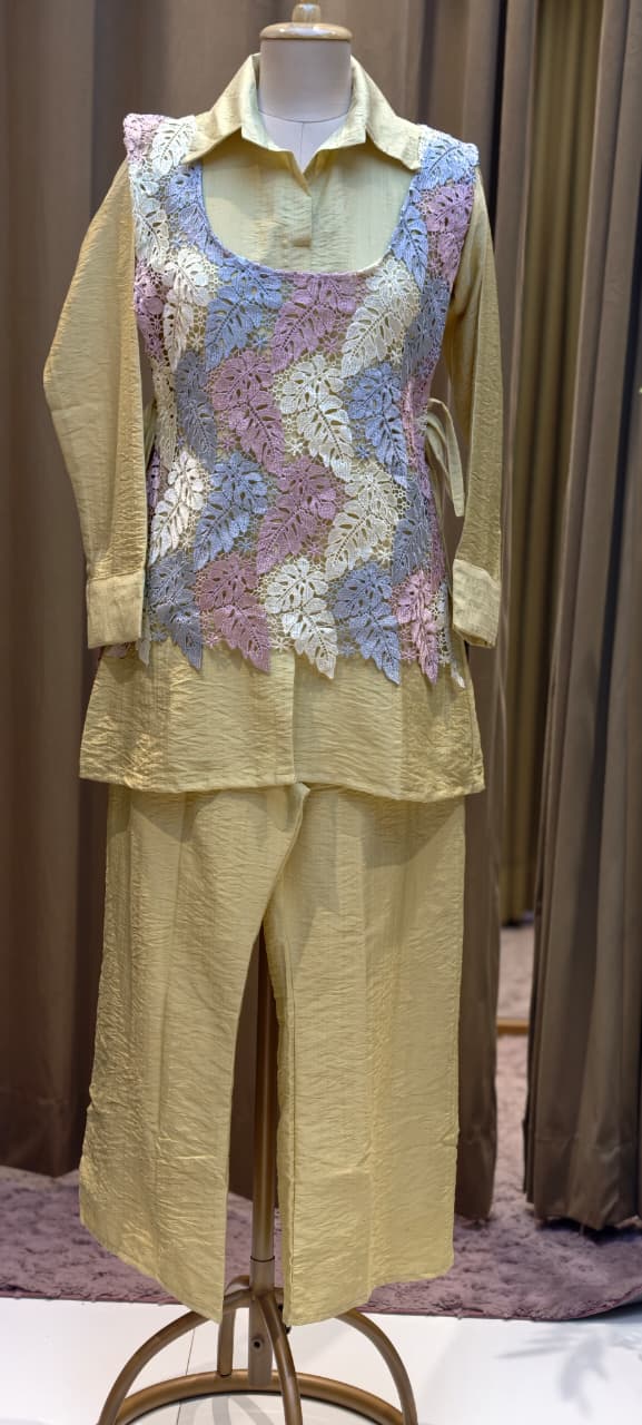 Pastel Yellow Crinkled Indo-Western Co-ord Set with Pastel Leaf Macramé Netted Overlay- 15247