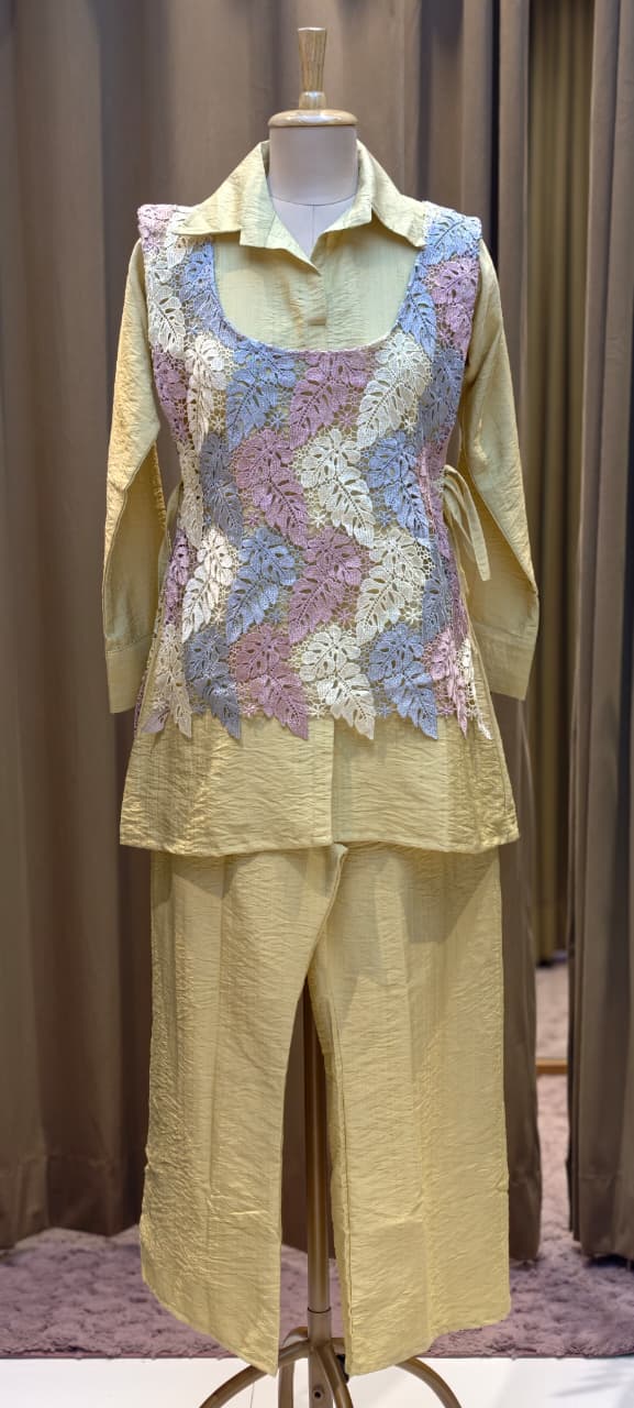 Pastel Yellow Crinkled Indo-Western Co-ord Set with Pastel Leaf Macramé Netted Overlay- 15247
