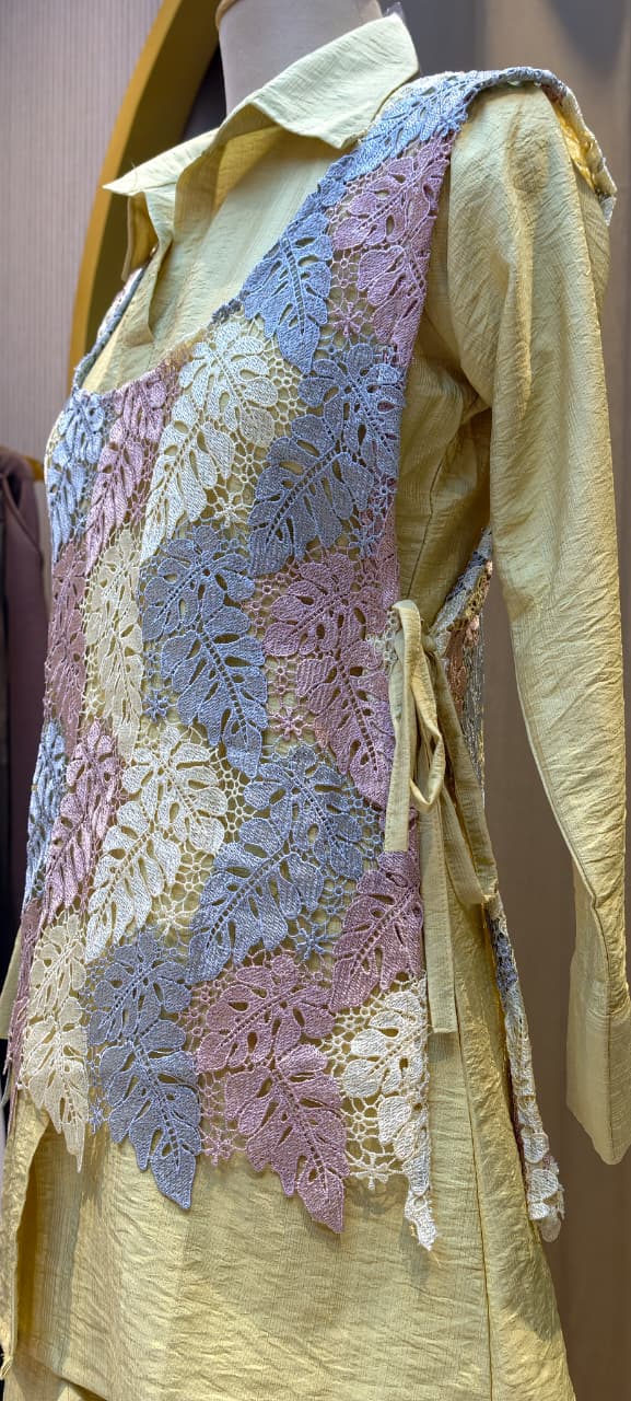 Pastel Yellow Crinkled Indo-Western Co-ord Set with Pastel Leaf Macramé Netted Overlay- 15247