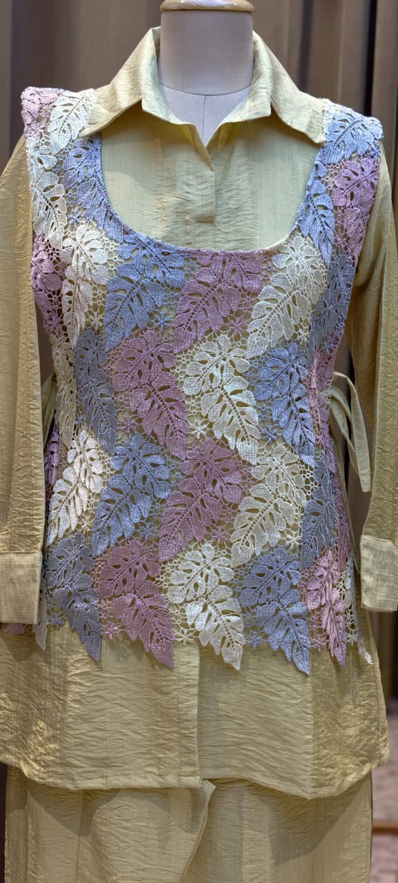 Pastel Yellow Crinkled Indo-Western Co-ord Set with Pastel Leaf Macramé Netted Overlay- 15247