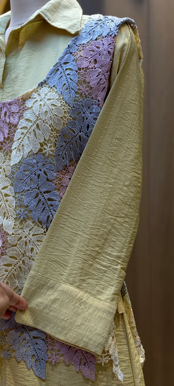 Pastel Yellow Crinkled Indo-Western Co-ord Set with Pastel Leaf Macramé Netted Overlay- 15247