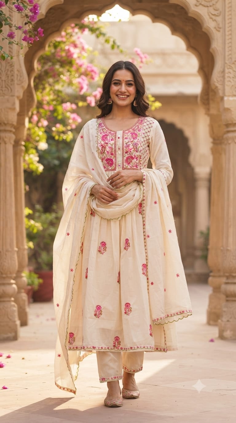 Multicolor Intricate Thread Embroidered Yoke Mul-Cotton A-Line Full Suit Set With Dupatta- 15349