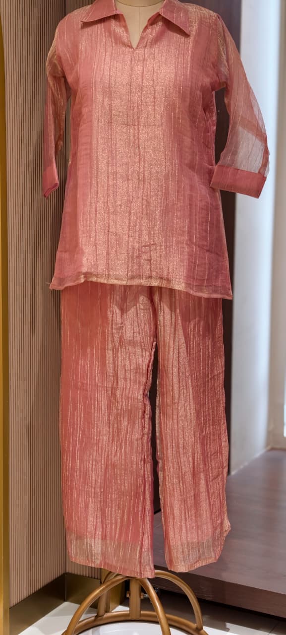 Jewel Stone Neckpiece Look Detechable Outer With Collared Kurta Pant Set In Crush Tissue Fabric- 15353
